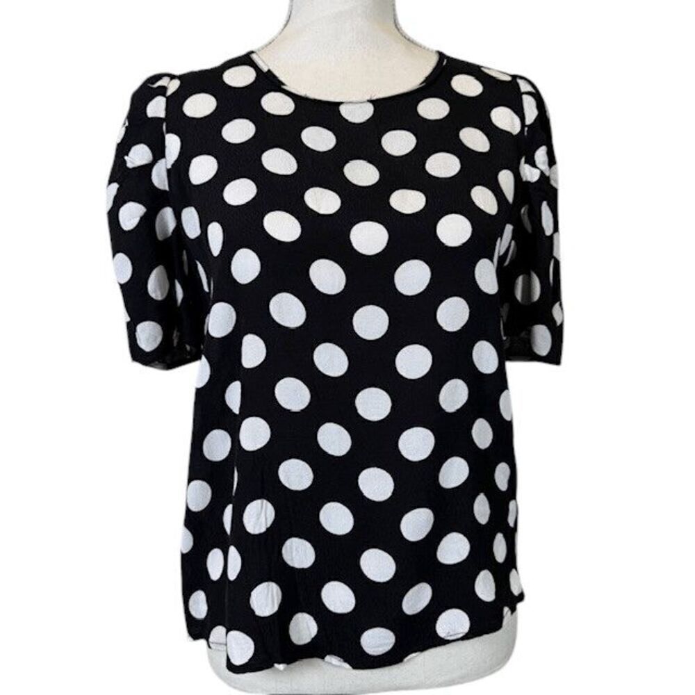 Who What Wear Blouse Short Sleeve Keyhole Back Black /White Polka Dot Size Small